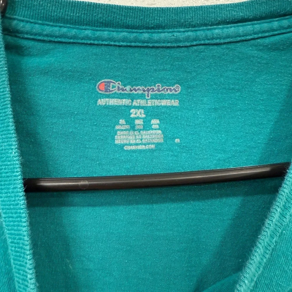 Champion Mens Teal Green Script Logo Graphic T-Shirt 2XL Cotton Short Sleeve - Picture 3 of 8